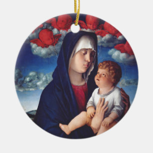 Décoration En Céramique Vierge Marie avec Bébé Jésus et les chérubins roug