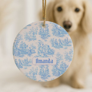 Décoration En Céramique Vintage bleu turquoise toile jouy monogramme