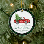 Décoration En Céramique Vintage Camion Plaid First Christmas Mr et Mrs.<br><div class="desc">Aquarelle Vintage Camion rouge avec sapin de Noël. Notre premier Noël en tant que M. et Mme Ornament. Script rouge. Buffle Vert Plaid.</div>