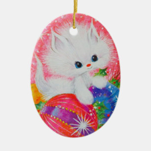 Décoration En Céramique Vintage Christmas White Kitten