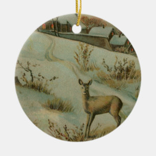 Décoration En Céramique Vintage Deer Hill Snowy Country Village Noël
