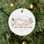 Décoration En Céramique Vintage Holly Bright Typographie Photo de Noël<br><div class="desc">Ce design de vacances festif et chic présente notre feuillage d'hiver dessiné à la main avec une typographie de style sucré aux couleurs vives. Photo sur le dos.</div>