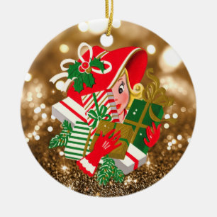 Décoration En Céramique Vintage Lady Holding Noël présente Gold Bokeh