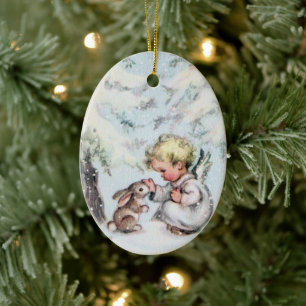 Décoration En Céramique Vintage Noël Ange Bébé et Lapin Vacances