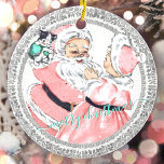 Décoration En Céramique Vintage Pink Santa   Mrs Claus Victorian Christmas<br><div class="desc">a distressed and weathered old world style santa and mrs. claus dancing gleefully with a cat santa is holding in a mint green glove, and both dressed in beautiful vintage shabby chic blush pinks tones, surrounded by silver antique victorian frame framework dress both sides of this ceramic round christmas tree...</div>