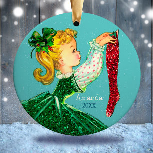 Décoration En Céramique Vintage rétro Noël vert fille rouge bas