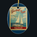 Décoration En Céramique Vintage voyage de bateau de plaisance de Halifax C<br><div class="desc">Ce salutations de Halifax Canada design nautique de voyage vintage comprend un bateau naviguant sur l'eau avec des mouettes et un ciel bleu rempli de somptueux nuages blancs bouffants.</div>