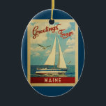 Décoration En Céramique Vintage voyage Maine Sailboat<br><div class="desc">Ce voeu de voyage du Maine design nautique vintage comprend un bateau naviguant sur l'eau avec des mouettes et un ciel bleu rempli de somptueux nuages blancs bouffants.</div>