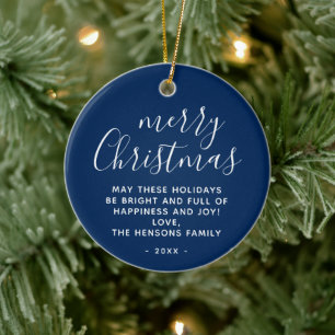 Décoration En Céramique Vœux Bleu Blanc Minimal Joyeux Noël Script