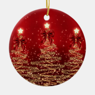 Décoration En Céramique Vœux de fêtes Or Arbres de Noël Rouges avec Rubans