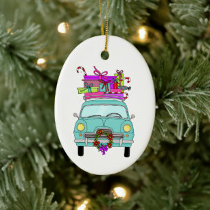 Décoration En Céramique Voiture bleue avec cadeaux de Noël
