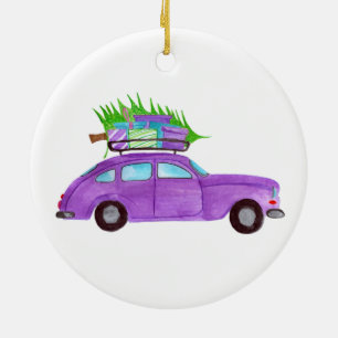 Décoration En Céramique Voiture de Noël aquarelle peinte à la main
