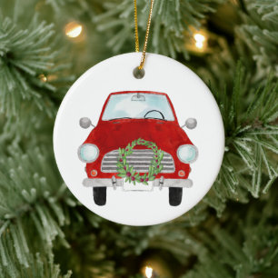 Décoration En Céramique Voiture rouge avec couronne de Noël