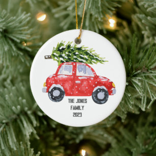 Décoration En Céramique Voiture rouge avec sapin de Noël sur le dessus - P