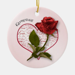 Décoration En Céramique Votre nom  Rose rouge et photo florale des tiges