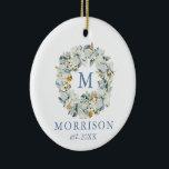 Décoration En Céramique Watercolor Dusty Blue Floral Wreath PHOTO BACK<br><div class="desc">Elegant Watercolor Winter Floral Wreath Wedding Newlywed Christmas Ornament includes beautiful white anemone flowers,  botanical foliage and pine cones. Dusty Blue Script. Photo Back.</div>