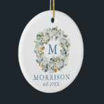 Décoration En Céramique Watercolor Dusty Blue Floral Wreath PHOTO BACK<br><div class="desc">Elegant Watercolor Winter Floral Wreath Wedding Newlywed Christmas Ornament includes beautiful white anemone flowers,  botanical foliage and pine cones. Dusty Blue Script. Photo Back.</div>