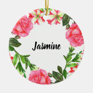 Décoration En Céramique Watercolor Pink Flowers Wreath Circle