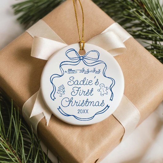 Décoration En Céramique Whimsical Babys First Christmas Blue Ribbon Doodle