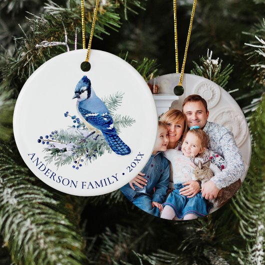 Décoration En Céramique Winter Blue Jay Family Photo Christmas