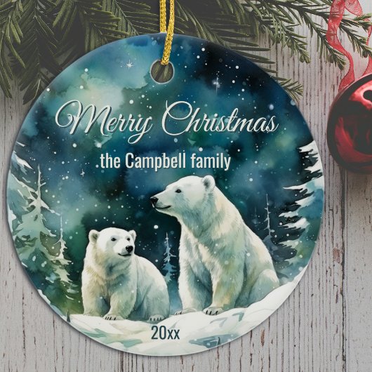 Décoration En Céramique Winter Polar Bears Merry Christmas Family Name