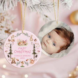 Décoration En Céramique Woodland Baby Girl First Christmas Photo Ornament