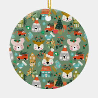 Décoration En Céramique Woodland Cute Santa Animals Green