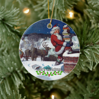Décoration En Céramique Wyeth - Le Père Noël livrant des livres pour Noël.