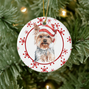 Décoration En Céramique Yorkshire Terrier Santa Hat Red Snowflake