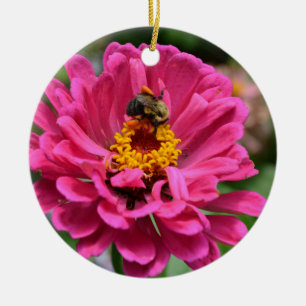 Décoration En Céramique Zinnia rose et Bumble bee