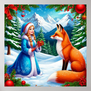 Décoration Murale d'Hiver Renard et Jeune Fille de