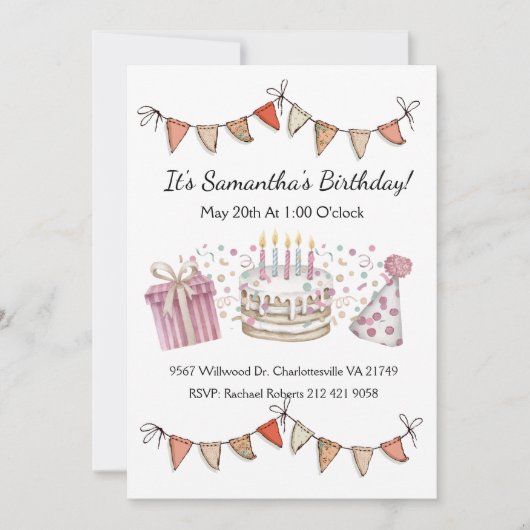 Décorations Fille Rose Invitation Anniversaire (Devant)