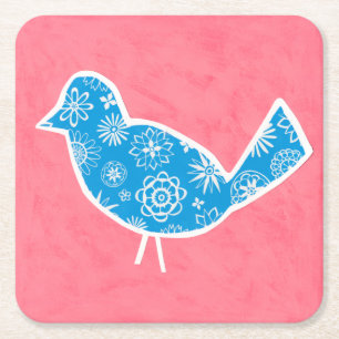 Decorative Bird with Patterns on Pink Background Vierkante Kartonnen Onderzetter