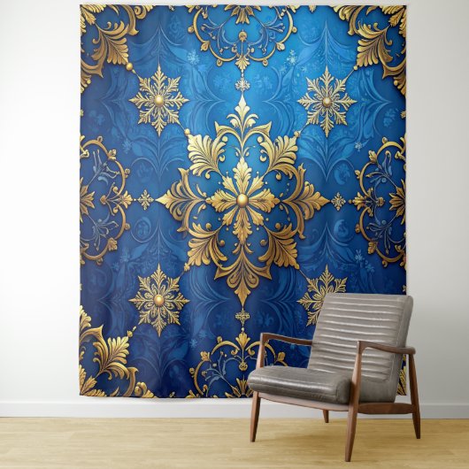 Decorative Blue Gold Holiday Backdrop Wandkleed (In situ)