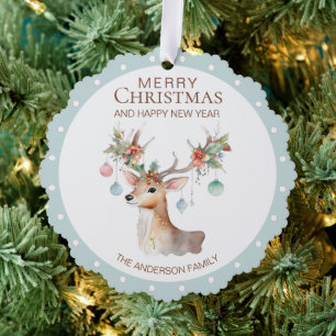 Décorative Carte d'ornement de Noël bleu renne floral
