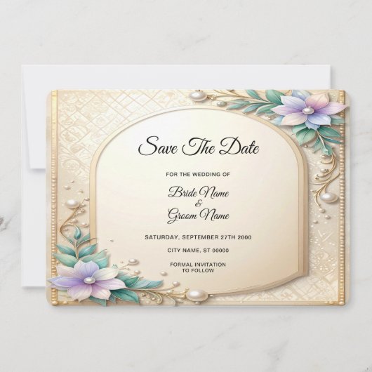 Decorative Floral Frame with Pearls Save The Date (Voorkant)