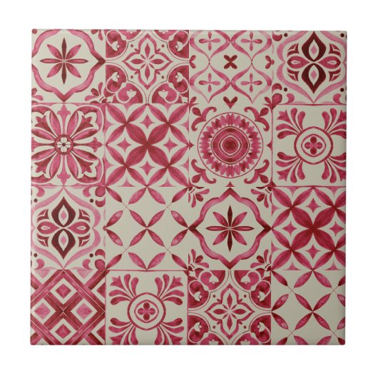 Decorative Red Azulejo Tile Patchwork Pattern Tegeltje (Voorkant)