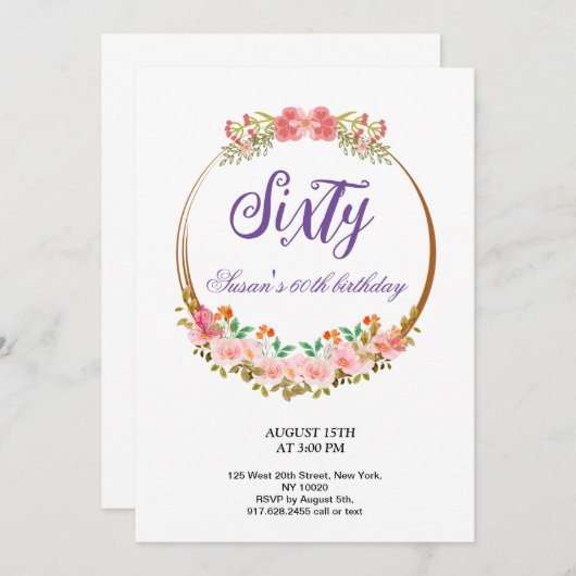 décoré de fleurs Invitation fête d'anniversaire (Devant / Derrière)