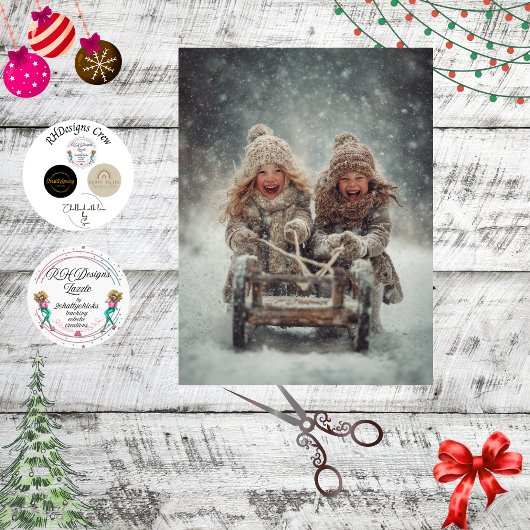 Decoupage 2 Children Laughing & Sledding Snow Fall Tissuepapier