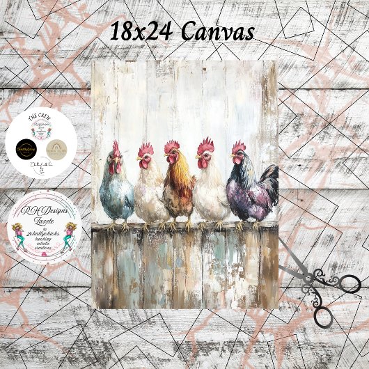 Decoupage 5 Chickens on a Fence 18x24 Canvas Tissuepapier