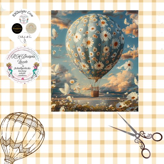Decoupage Blauw Wit Daisy Stof Hete Luchtballon Tissuepapier
