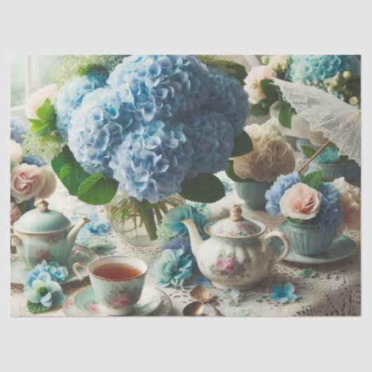 Decoupage Blauwe Hortensia en Theepot Tissue Paper Tissuepapier (Voorkant)
