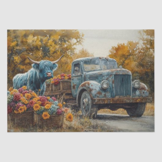 Decoupage  Blue Truck Highland Koe Tissuepapier (Voorkant)