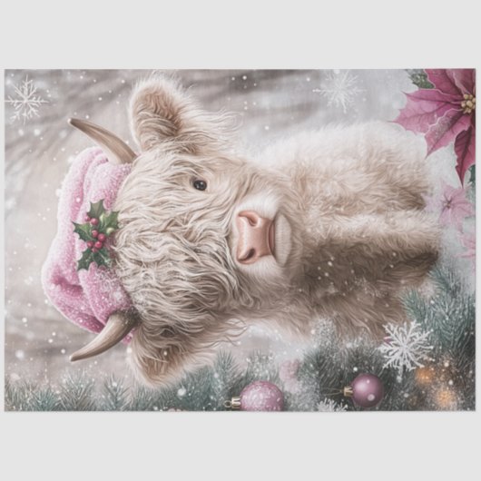 Decoupage Christmas Highland Koe Roze Decor Tissuepapier (Voorkant)