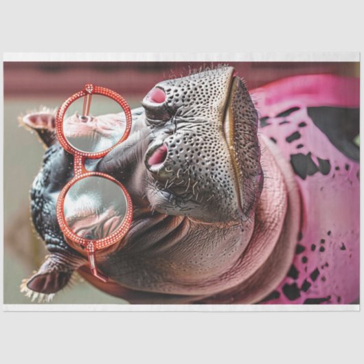 Decoupage Close Up Hippo Grote Rode Bril Tissuepapier (Voorkant)