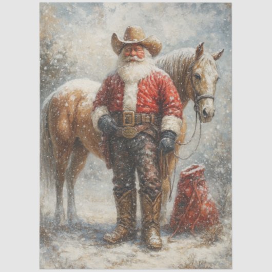 Decoupage Cowboy Santa Horse Winter Scene Tissuepapier (Voorkant)