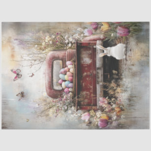 Decoupage  Easter Red Truck Bunny in het veld Tissuepapier