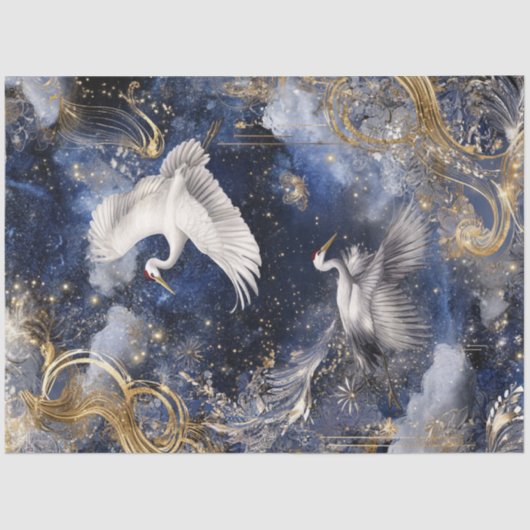 Decoupage Elegante Kranen in Flight Blue Gold Sky Tissuepapier (Voorkant)