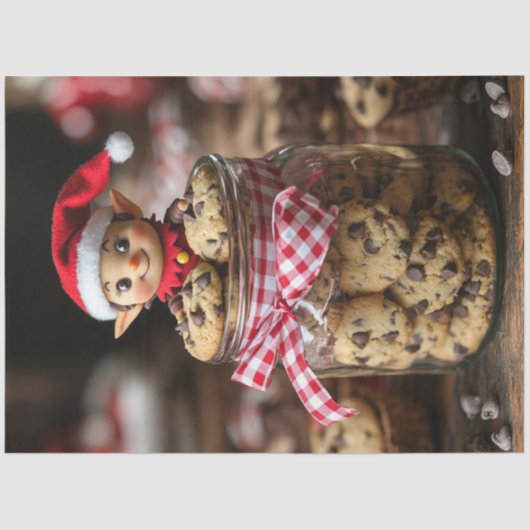 Decoupage Elf bovenop een chocolade koekjestrommel Tissuepapier (Voorkant)