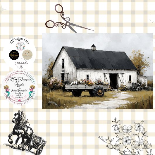 Decoupage Floral Wagon and White Barn  Tissuepapier